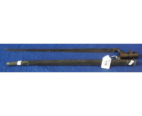 19th Century socket type spike bayonet with fluted triangular blade and metal mounted leather scabbard.(B.P. 24% incl. VAT)