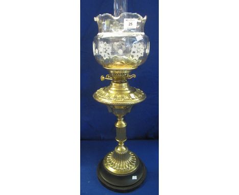 20th Century brass column double burner oil lamp with clear glass funnel and iridescent finish shade.(B.P. 24% incl. VAT)