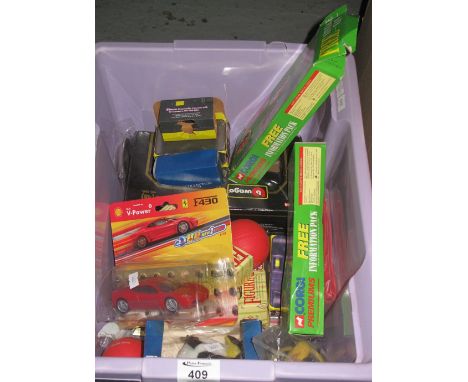 Box of mixed toys to include: some model vehicles, Corgi, Typhoo collectables, soft penguin, Virago Jaguar roadster etc. (B.P