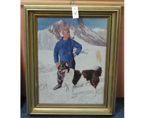 After B. Willis, portrait of a mountaineer with Husky type dog in an Alpine setting, print laid on canvas, 61 x 45cm.  Framed