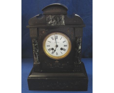 Slate and marble architectural two train mantel clock with Roman numeral chapter ring, marked: Spears and Pond, London, with 