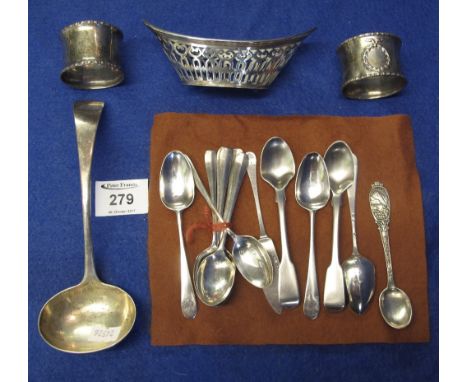 Silver oval shaped, pierced bonbon dish, silver ladle, two silver napkin rings, together with various silver spoons in associ