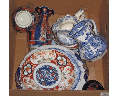 Tray of assorted china to include: Masons and another blue and white dresser jug; pair of Japanese Imari porcelain vases; oth