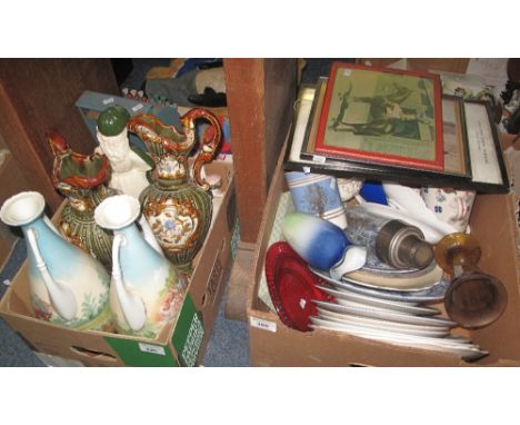 Two trays of assorted china and other items to include: pair of Continental single handled ewer jugs; blue and white dinner p