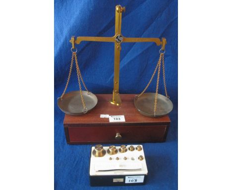 Set of gilded metal, two pan scales on wooden drawer base, together with a plastic box of brass milligram weights. (2)(B.P. 2