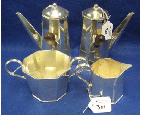 Four piece silver plated tea set comprising two side handled pots, cream jug and sucrier. (4)(B.P. 24% incl. VAT)