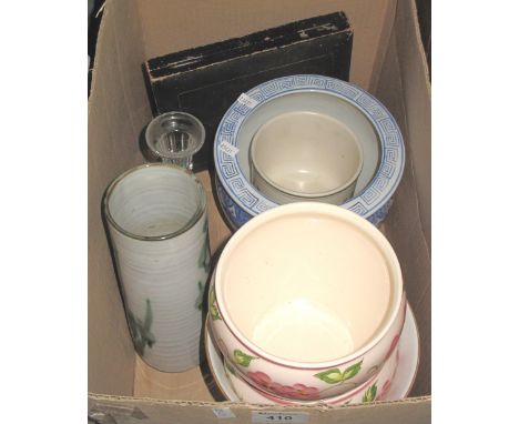 Box of assorted items to include: modern blue and white planter and other floral planters; pottery cylinder vase; glass candl