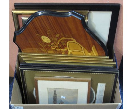 Box of assorted furnishing prints and pictures to include: rugby interest; topographical; tapestries; portrait study etc., to