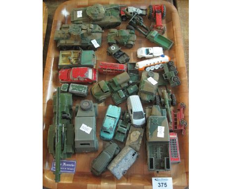 Tray of various play worn Dinky and other diecast model vehicles to include: tanks; military vehicles; tractor etc.(B.P. 24% 