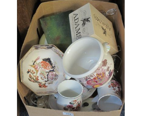 Box of assorted china, glass and metalware to include: Masons 'Saraband' pedestal bowl; Masons 'Fruit Basket' planter; small 