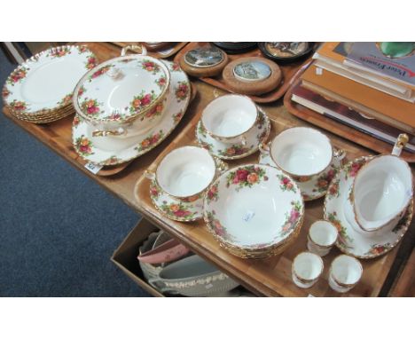 Two trays of Royal Albert bone china 'Old Country Roses' items to include: egg cups; sauce boat on stand; two handled cups an