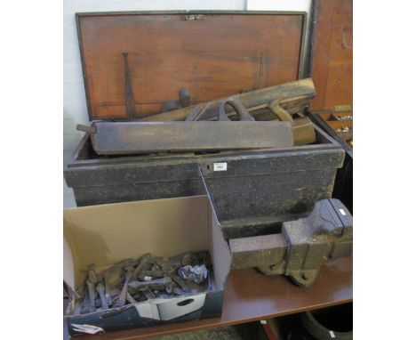 Vintage stained pine toolbox containing various tools including: planes; chisels; large vice marked Awyer Tool Co Oswego NY, 