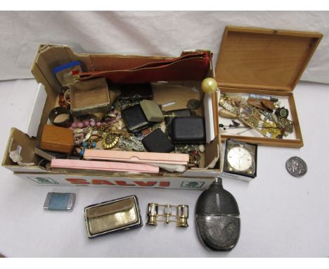 Large box of collectables to include hip flask, vintage clock & costume jewellery