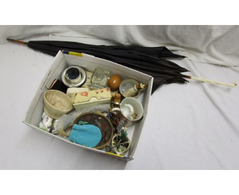 Box of collectables & bone handled parasol