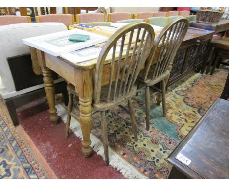 Antique pine table with drop leaf and 2 stick back chairs