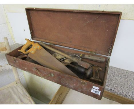 Small wooden tool box and contents