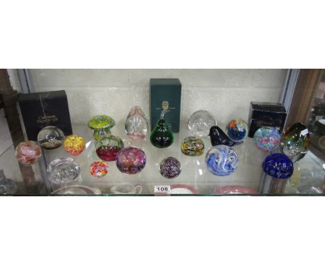 Shelf of paper weights to include Caithness.The Caithness moonscape & Mdina mushroom both appear to be in good condition with