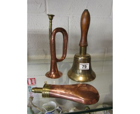 Small horn, powder flask marked Sykes & school bell