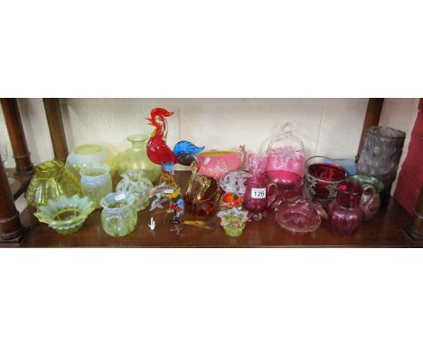 Shelf of coloured glass to include Cranberry