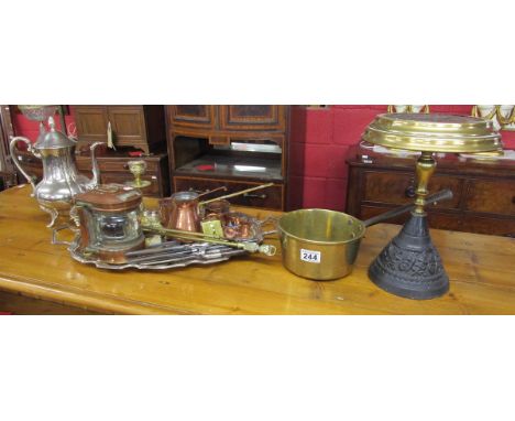Collection of metalware to include ships lamp, early trivet etc