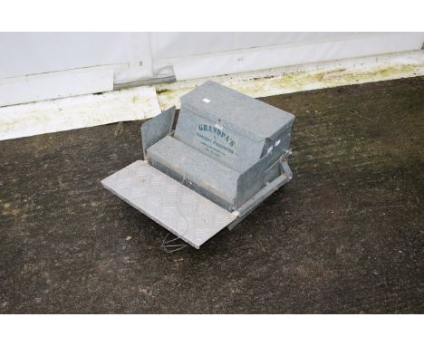 A 'Grandpa's Chook Feeder, New Zealand' galvanised chicken feeder. With a weight operated or manual wire-pull feeding platfor