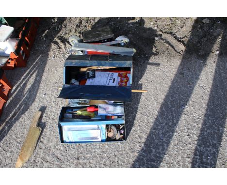 A collection of workshop tools and a wooden trolley. Tools include a soocket set and drawing tools etc, the trolley on four w