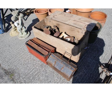 A mixed collection of workshop tools. Including two toolboxes a range of lasts, etc in a wooden chest.