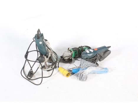 A collection of three power tools. Comprising a router, sander and grinder with spare discs, untested. ***This lot is being s
