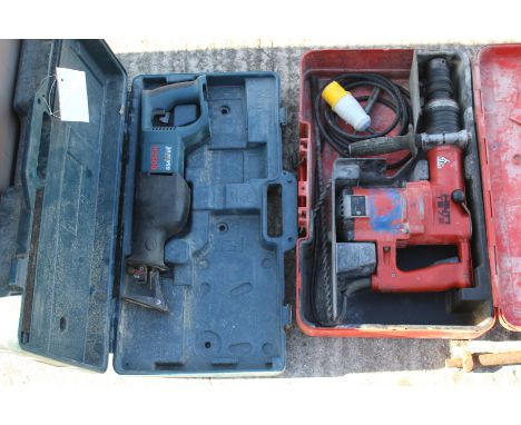 Two electric power tools. Comprising a Bosch saw and a Hilti drill, both in cases, untested. 