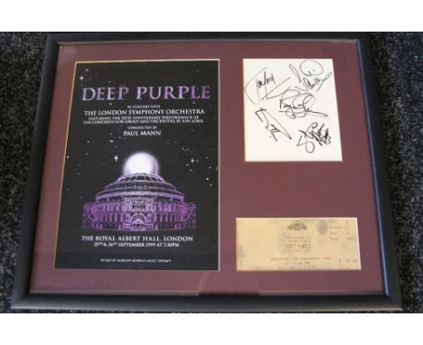 DEEP PURPLE - a glass framed Deep Purple display featuring a poster from the 1999 Royal Albert Hall, a matching ticket and a 