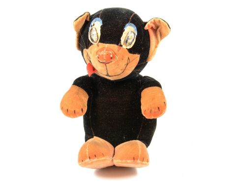 A Chad Valley Ooloo the Cat, the black velvet cat with clear rounded oblong glass eyes having a gold stripe to centre, cream 