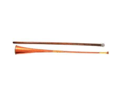 Copper post horn and a silver topped cane, 87cm.Qty: 2