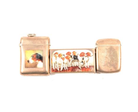 A silver and enamel vesta case, Sampson Mordan &amp; Co Ltd, Chester 1909, enamelled panel depicting hounds; another silver a
