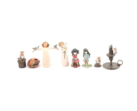 Collection of decorative collectible figures, Santoro London, Beatrix Potter Alphabet figures, enamel boxes by Bilston &amp; 