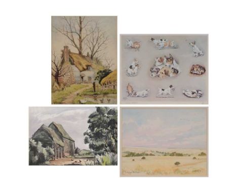 Four assorted artworks, including three watercolours:Signed watercolour, rural scene with chickens and a barn;A J Richmond, c
