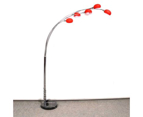 Modern stainless steel five-branch floor lamp with red glass shades, circular black marble base, approximately 205cm high.