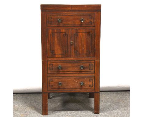 Regency mahogany washstand, with ebony stringing, two-flap lid enclsing a basin recess, front aspect with dummy drawer, two d