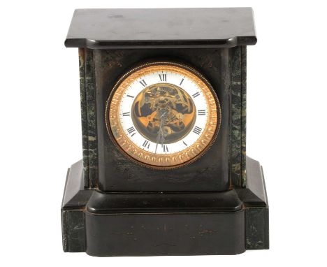 A French black slate mantel clock, Roman numeral white enamel chapter ring with visible patented movement bearing initials P.