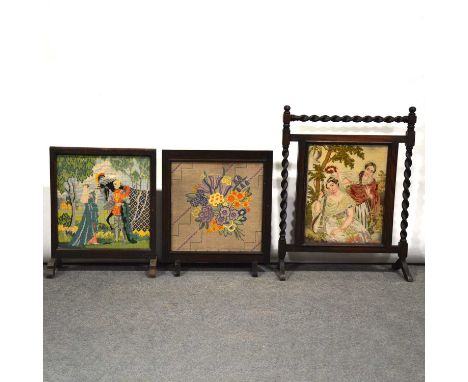 Edwardian mahogany firescreen, arched top, glazed panel with attached woodwork panel, standard ends, width 48cm, height 110cm