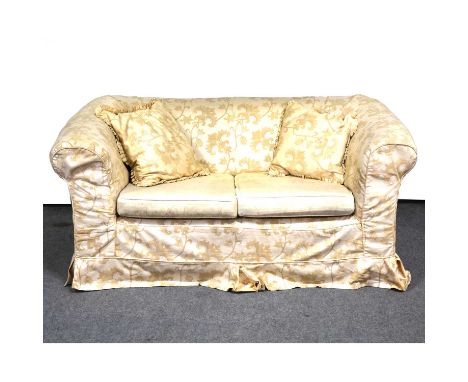 Two seat sofa, original upholstery in Liberty print, loose cotton cover, turned wooden bun feet, width 158cm, depth 87cm, hei