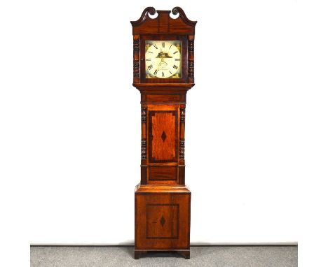 Victorian oak and mahogany longcase clock, square painted dial signed Bass, Northampton, painted vignette and spandrels with 