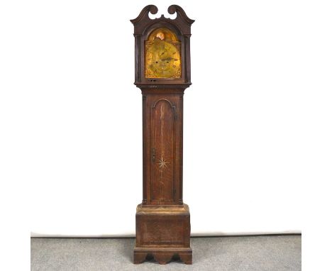 Georgian century grandfather longcase clock, arched brass dial with moon phase, subsidiary second dial, applied cast spandrel