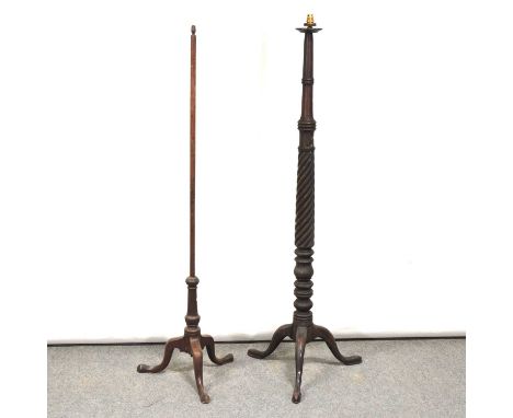 Mahogany 'bed post' standard lamp, tripod base, 155cm; pole screen stand; and a Victorian mahogany toilet mirror, oval plate,