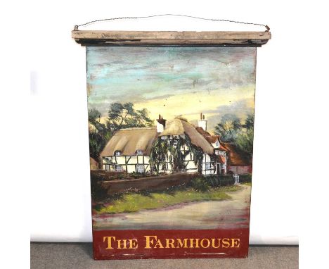 Vintage painted enamel pub sign, The Farmhouse, hung by wooden baton, sign measures 80x110cm, overall width 92x117cm.Conditio
