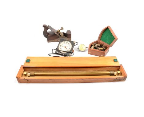 Brass sextant by Troughton &amp; Simms London 1910, in wooden case; wood-working plane by James Howard; Aston &amp; Mander Lo