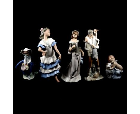 Three Lladro figurines, shepherd boy with goat, 28cm; girl with basket of flowers, 18cm; girl walking with a draw string purs