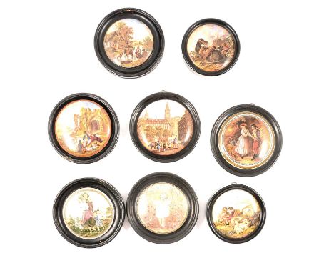 Collection of eight ceramic pot lids, each in an ebonised frame, including War, and Peace, diameter 12cm.Qty: 8