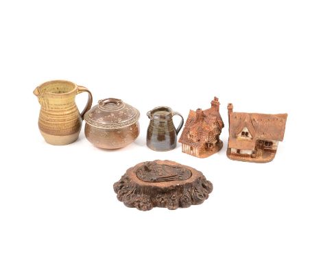 Studio Pottery jugs, one possibly Leach Pottery seal 11.5cm, a covered tureen with salt-glaze, 16cm diam; two model stoneware