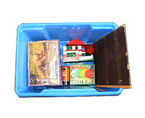 Vintage toys, including Escalado by Chad Valley; tin money boxes; Bayko house etc.