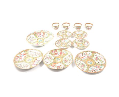 Cantonese famille verte part tea service, comprising four cups and saucers, three plates, and an entree dish, slightly lobed 